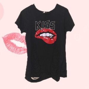 🩵3/$20🩵 FASHION NOVA KISS LIPS DISTRESSED RIPPED LONG TEE PUNK SHIRT DRESS